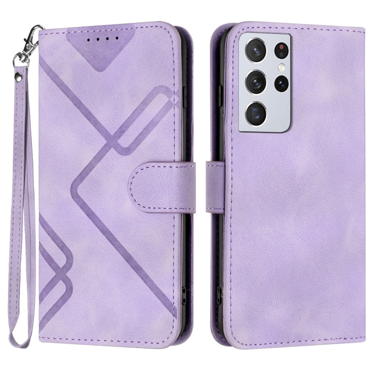 For Samsung Galaxy S21 Ultra 5G Line Pattern Skin Feel Leather Phone Case(Light Purple)
