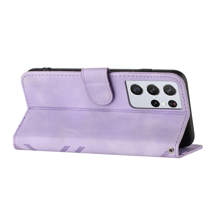 For Samsung Galaxy S21 Ultra 5G Line Pattern Skin Feel Leather Phone Case(Light Purple)