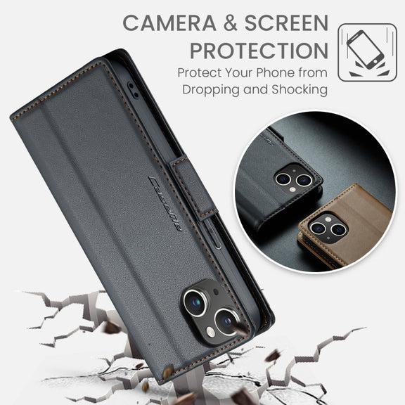 For iPhone 14 Plus CaseMe 023 Butterfly Buckle Litchi Texture RFID Anti-theft Leather Phone Case(Black)