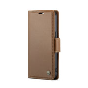For iPhone 14 Plus CaseMe 023 Butterfly Buckle Litchi Texture RFID Anti-theft Leather Phone Case(Brown)
