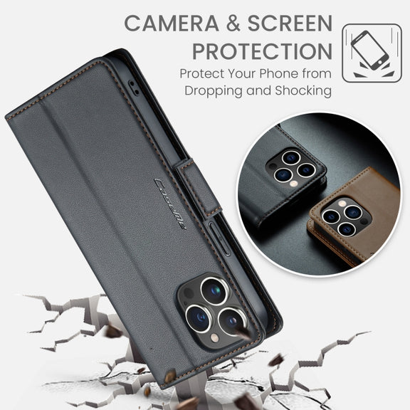 For iPhone 14 Pro CaseMe 023 Butterfly Buckle Litchi Texture RFID Anti-theft Leather Phone Case(Black)