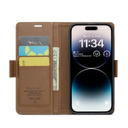 For iPhone 14 Pro CaseMe 023 Butterfly Buckle Litchi Texture RFID Anti-theft Leather Phone Case(Brown)
