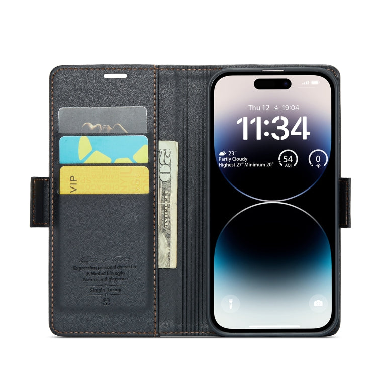 For iPhone 14 Pro Max CaseMe 023 Butterfly Buckle Litchi Texture RFID Anti-theft Leather Phone Case(Black)