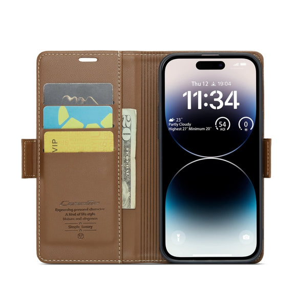 For iPhone 14 Pro Max CaseMe 023 Butterfly Buckle Litchi Texture RFID Anti-theft Leather Phone Case(Brown)