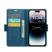 For iPhone 14 Pro Max CaseMe 023 Butterfly Buckle Litchi Texture RFID Anti-theft Leather Phone Case(Blue)