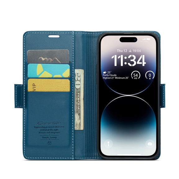 For iPhone 14 Pro Max CaseMe 023 Butterfly Buckle Litchi Texture RFID Anti-theft Leather Phone Case(Blue)