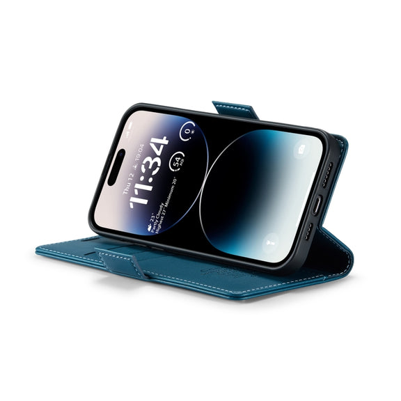 For iPhone 14 Pro Max CaseMe 023 Butterfly Buckle Litchi Texture RFID Anti-theft Leather Phone Case(Blue)