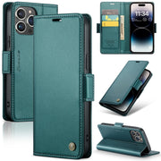 For iPhone 14 Pro Max CaseMe 023 Butterfly Buckle Litchi Texture RFID Anti-theft Leather Phone Case(Pearly Blue)