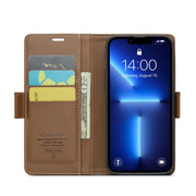 For iPhone 13 Pro CaseMe 023 Butterfly Buckle Litchi Texture RFID Anti-theft Leather Phone Case(Brown)