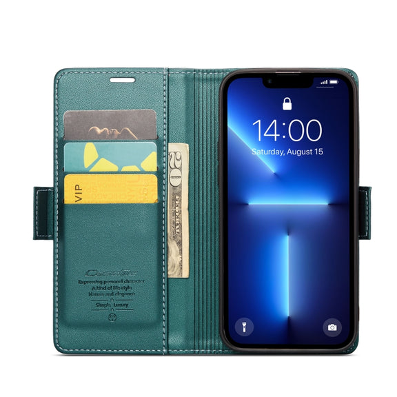 For iPhone 13 Pro CaseMe 023 Butterfly Buckle Litchi Texture RFID Anti-theft Leather Phone Case(Pearly Blue)