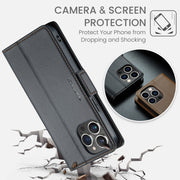 For iPhone 13 Pro Max CaseMe 023 Butterfly Buckle Litchi Texture RFID Anti-theft Leather Phone Case(Black)