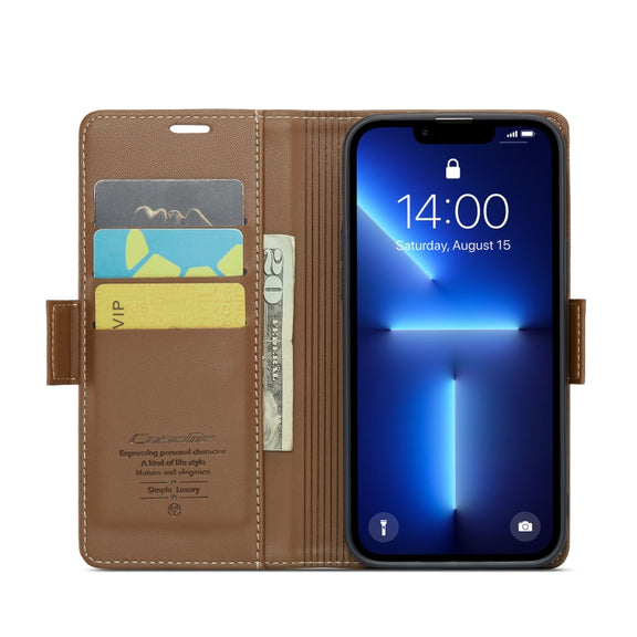 For iPhone 13 Pro Max CaseMe 023 Butterfly Buckle Litchi Texture RFID Anti-theft Leather Phone Case(Brown)