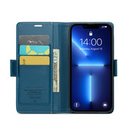 For iPhone 13 Pro Max CaseMe 023 Butterfly Buckle Litchi Texture RFID Anti-theft Leather Phone Case(Blue)