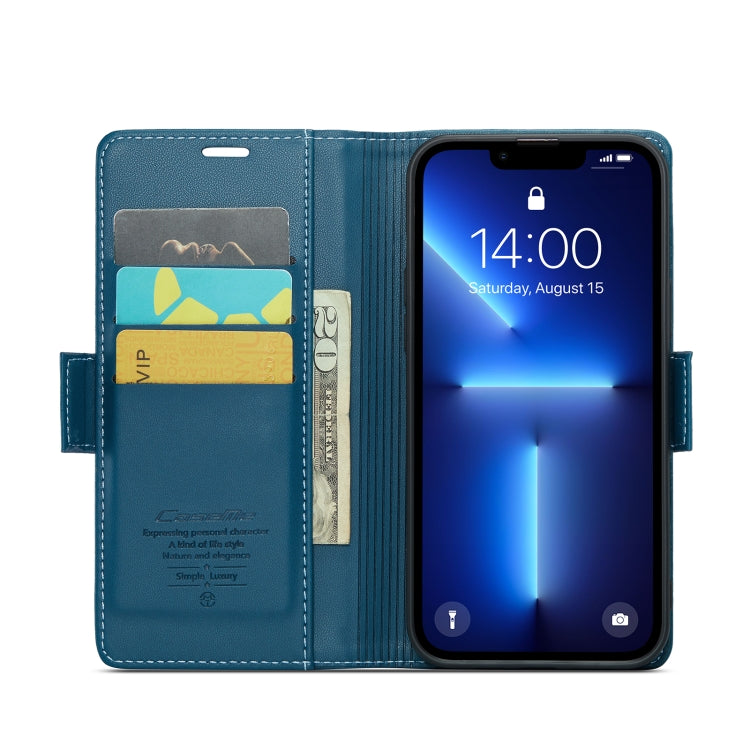 For iPhone 13 Pro Max CaseMe 023 Butterfly Buckle Litchi Texture RFID Anti-theft Leather Phone Case(Blue)
