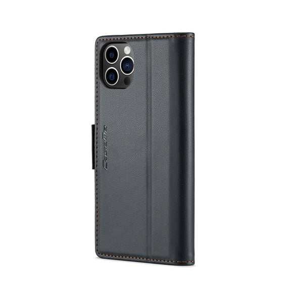 For iPhone 12 Pro Max CaseMe 023 Butterfly Buckle Litchi Texture RFID Anti-theft Leather Phone Case(Black)