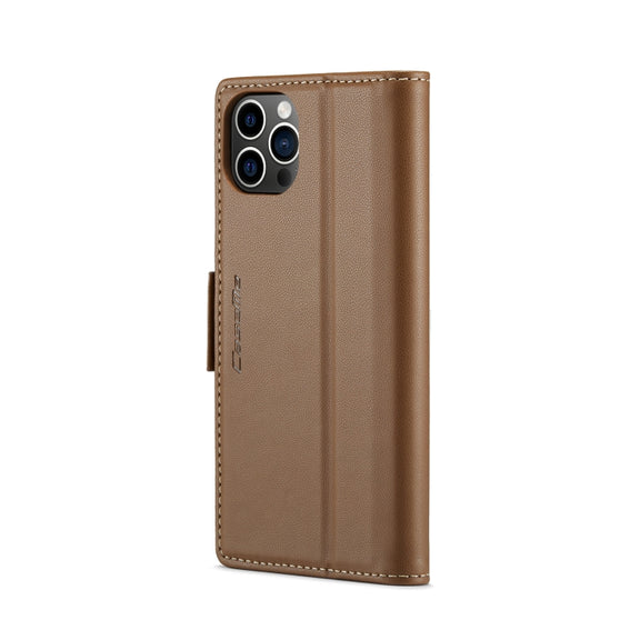 For iPhone 12 Pro Max CaseMe 023 Butterfly Buckle Litchi Texture RFID Anti-theft Leather Phone Case(Brown)