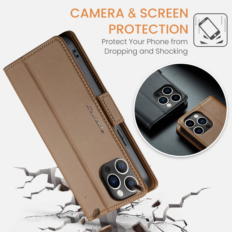 For iPhone 12 Pro Max CaseMe 023 Butterfly Buckle Litchi Texture RFID Anti-theft Leather Phone Case(Brown)