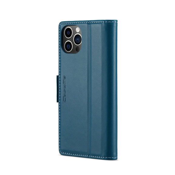 For iPhone 12 Pro Max CaseMe 023 Butterfly Buckle Litchi Texture RFID Anti-theft Leather Phone Case(Blue)