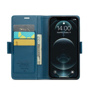 For iPhone 12 Pro Max CaseMe 023 Butterfly Buckle Litchi Texture RFID Anti-theft Leather Phone Case(Blue)