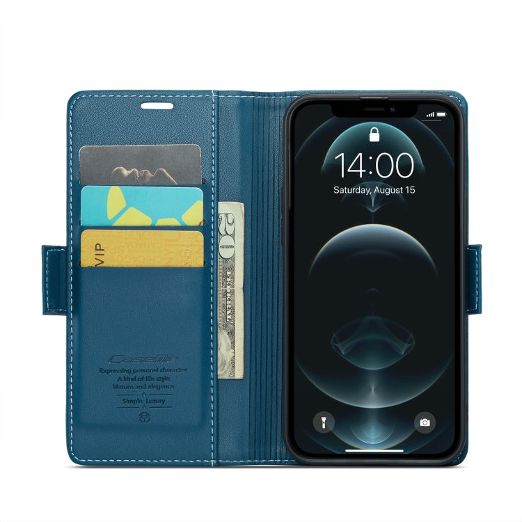 For iPhone 12 Pro Max CaseMe 023 Butterfly Buckle Litchi Texture RFID Anti-theft Leather Phone Case(Blue)