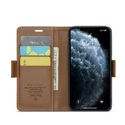 For iPhone 11 Pro Max CaseMe 023 Butterfly Buckle Litchi Texture RFID Anti-theft Leather Phone Case(Brown)