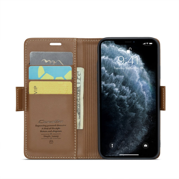 For iPhone 11 Pro Max CaseMe 023 Butterfly Buckle Litchi Texture RFID Anti-theft Leather Phone Case(Brown)