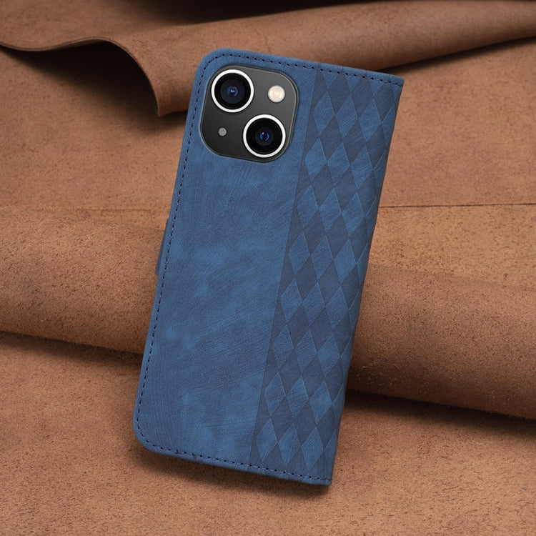 For iPhone 14 Plaid Embossed Leather Phone Case(Blue)