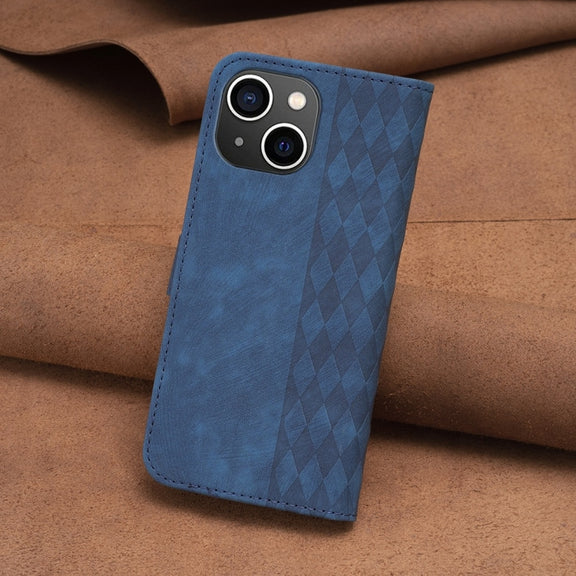 For iPhone 14 Plaid Embossed Leather Phone Case(Blue)