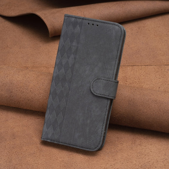 For iPhone 14 Plus Plaid Embossed Leather Phone Case(Black)