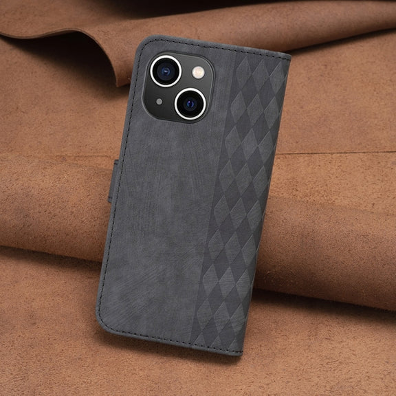 For iPhone 14 Plus Plaid Embossed Leather Phone Case(Black)