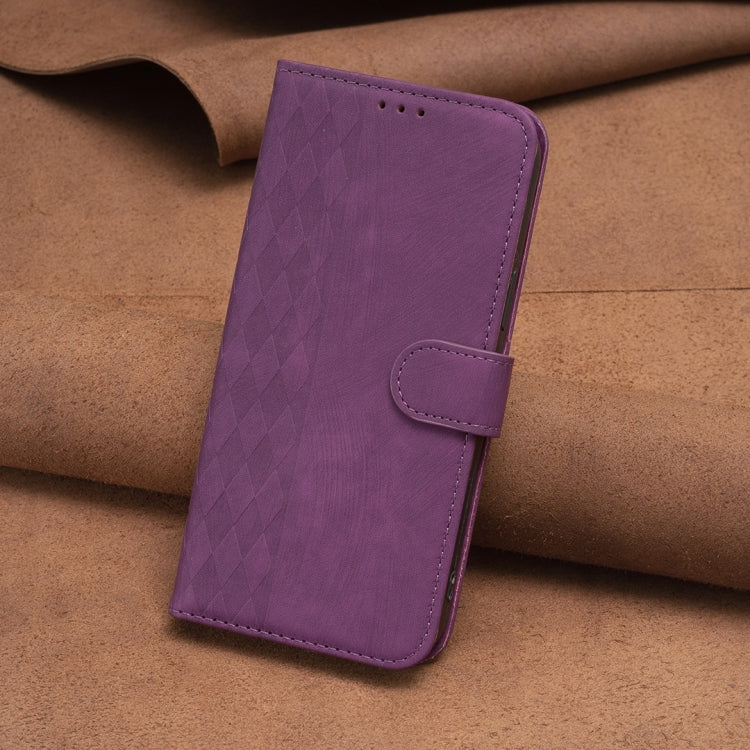For iPhone 14 Pro Plaid Embossed Leather Phone Case(Purple)
