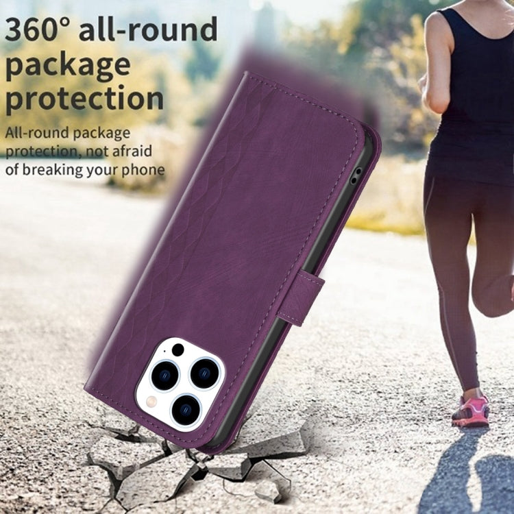 For iPhone 14 Pro Plaid Embossed Leather Phone Case(Purple)