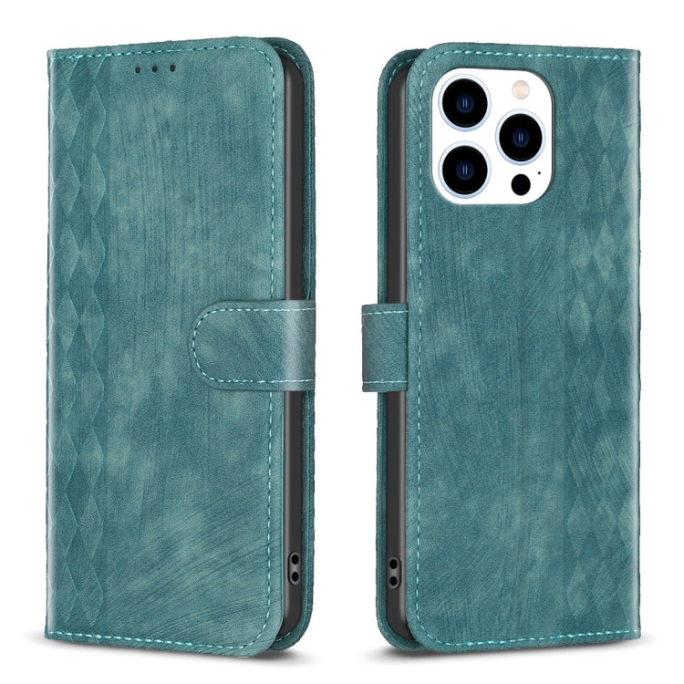 For iPhone 14 Pro Max Plaid Embossed Leather Phone Case(Green)