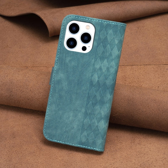 For iPhone 14 Pro Max Plaid Embossed Leather Phone Case(Green)