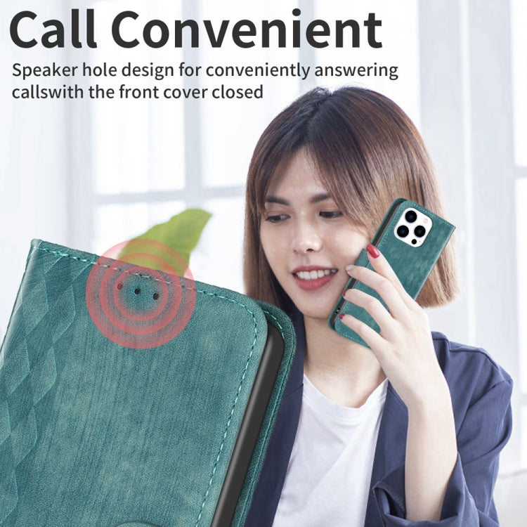 For iPhone 14 Pro Max Plaid Embossed Leather Phone Case(Green)