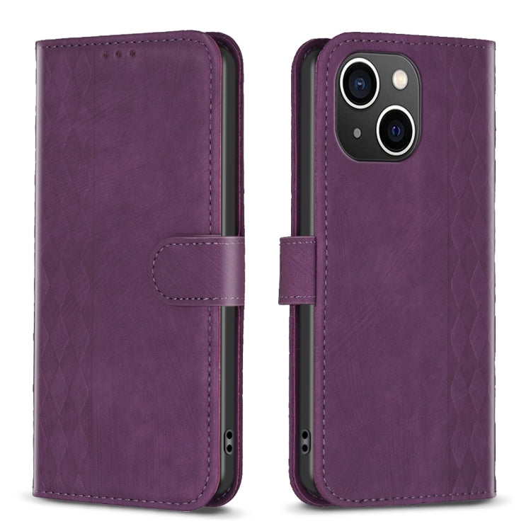 For iPhone 13 Plaid Embossed Leather Phone Case(Purple)