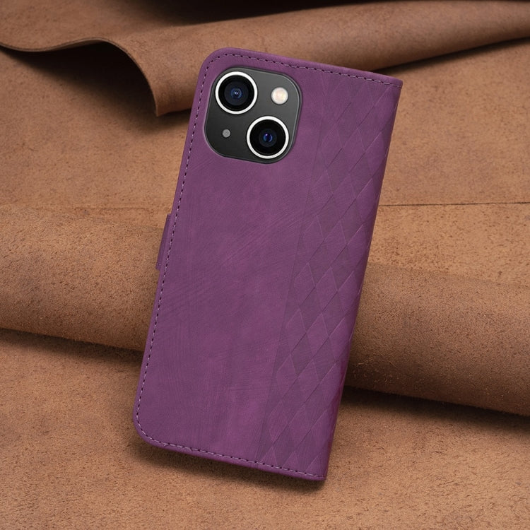 For iPhone 13 Plaid Embossed Leather Phone Case(Purple)
