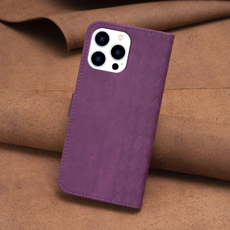 For iPhone 13 Pro Plaid Embossed Leather Phone Case(Purple)