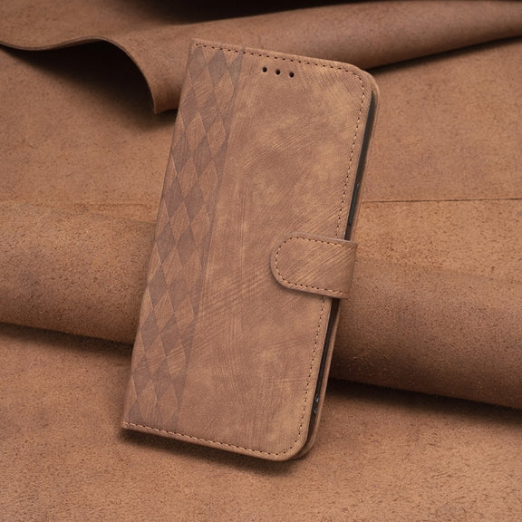 For iPhone 12 / 12 Pro Plaid Embossed Leather Phone Case(Brown)