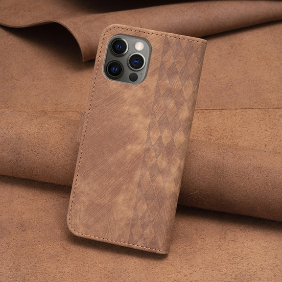 For iPhone 12 / 12 Pro Plaid Embossed Leather Phone Case(Brown)
