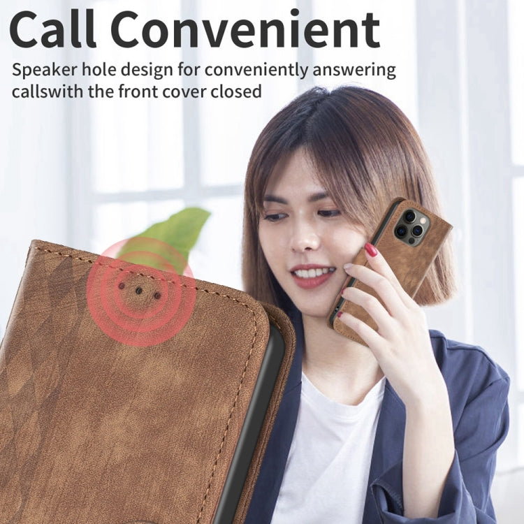 For iPhone 12 / 12 Pro Plaid Embossed Leather Phone Case(Brown)