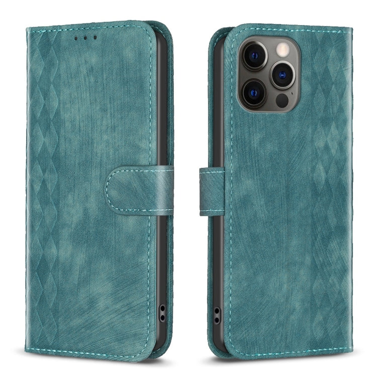 For iPhone 12 Pro Max Plaid Embossed Leather Phone Case(Green)