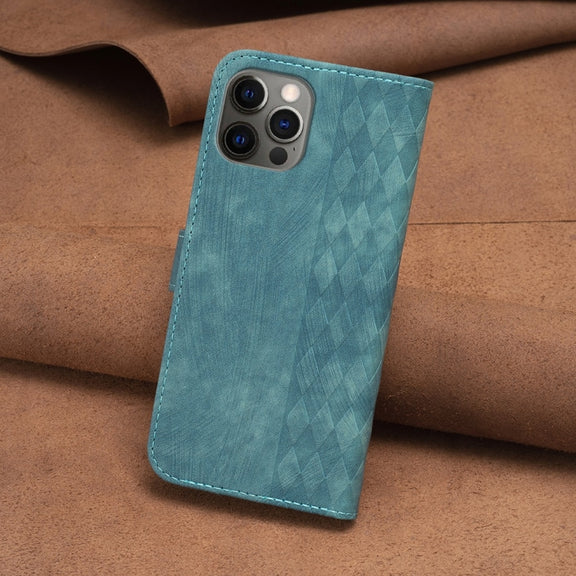 For iPhone 12 Pro Max Plaid Embossed Leather Phone Case(Green)