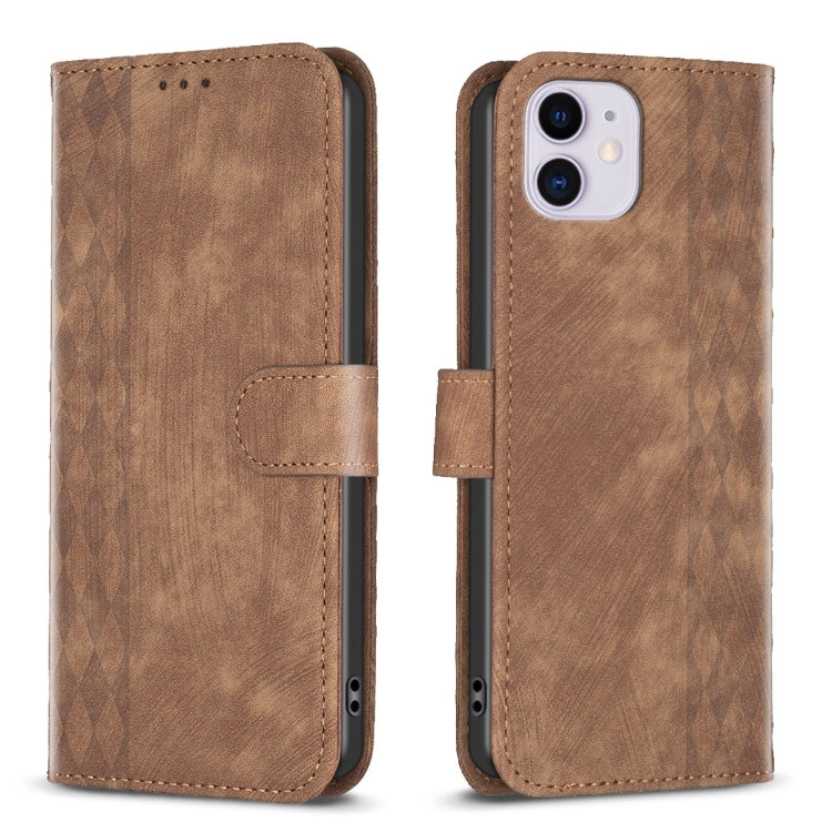 For iPhone 11 Plaid Embossed Leather Phone Case(Brown)