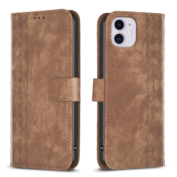 For iPhone 11 Plaid Embossed Leather Phone Case(Brown)