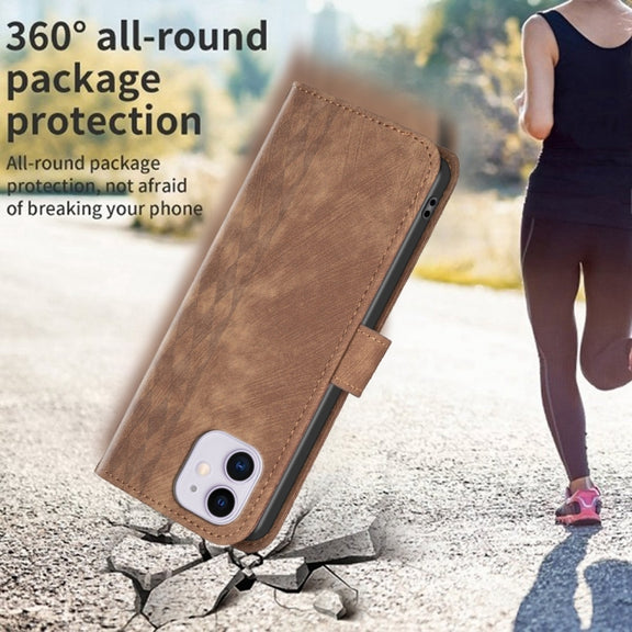 For iPhone 11 Plaid Embossed Leather Phone Case(Brown)