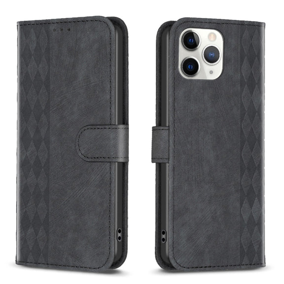 For iPhone 11 Pro Max Plaid Embossed Leather Phone Case(Black)