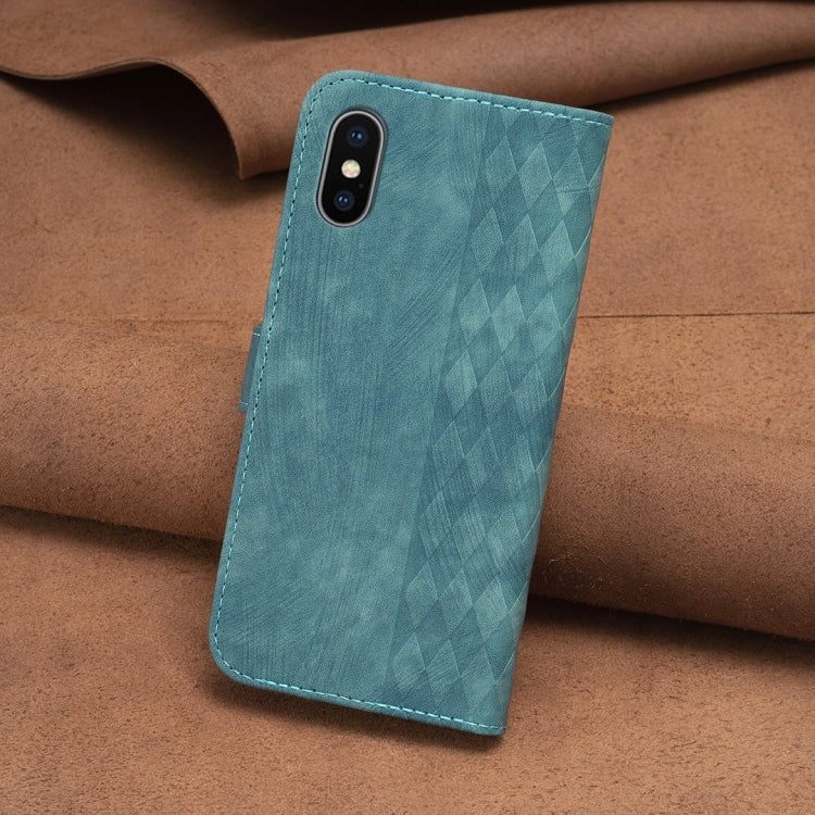 For iPhone X / XS Plaid Embossed Leather Phone Case(Green)