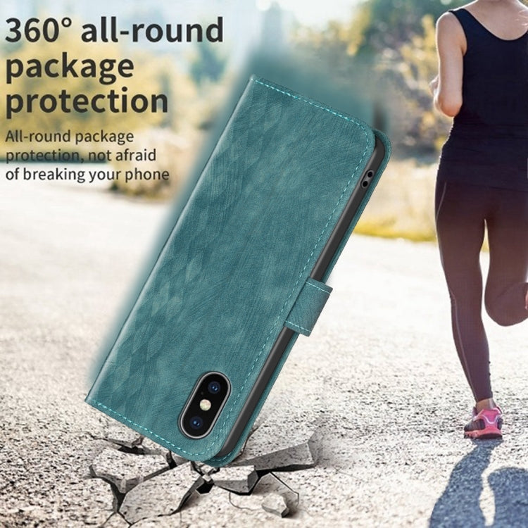 For iPhone X / XS Plaid Embossed Leather Phone Case(Green)