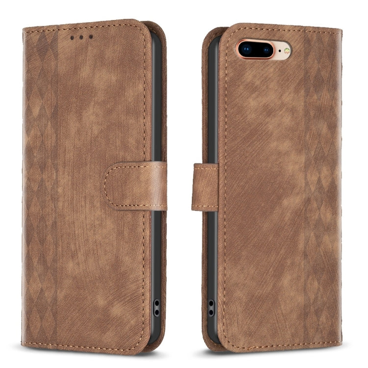 For iPhone 7 Plus / 8 Plus Plaid Embossed Leather Phone Case(Brown)
